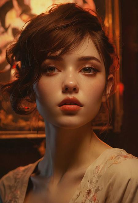 Gorgeous naturally perfect girl striking a dynamic pose, elegance  captured in this portrait study illuminated by dim lighting with soft lights lighting her smooth skin, face detailed, gazing into the camera, soft lips, asymmetrical balance achieved within a complex tableau, tempera rendering employing matte chiaroscuro technique, infusing a nightmare cinematic painting aesthetic, etched outlines standing against a backdrop of fragmented darkness, analog style, 8k, detailed, intricate artwork, influenced by the styles of Anders Zorn and Pino Daeni, Aleksi Briclot, Jose Royo, Boris Vallejo, Julie Bell, Carne Griffiths and Brian Froud, Buck Brown, Russ Mills, Sakimichan, Wlop, Loish, Artgerm, Darek Zabrocki, Takato Yamamoto and Jean-Baptiste Monge,, incredibly natural beauty, seductive eyes