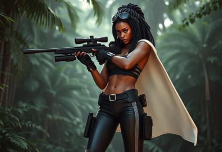 Videogame unreal engine 4 render image of a sexy hot fit black female sniper soldier from the year 2150, cool sexy futuristic military character design, she has very long thick dreads with white rings in them, she has a black military goggles on her forehead, ahe is wearing a stylish tight black leather crop top with grey stripes, she has toned abs and a six-pack, she is wearing tight black leather pants with grey vertical stripes that accentuate her curvy thighs and wide hips, all of her outfit has grey and white strips going across it, she has a white cape that is open and has hexagonal grey patterns, she is wearing black military boots and military and ammo pouches on her legs and belt, she is holding a anti-matter sniper rifle in her shoulder, she is aiming down her gun sight while standing in a dense jungle.
