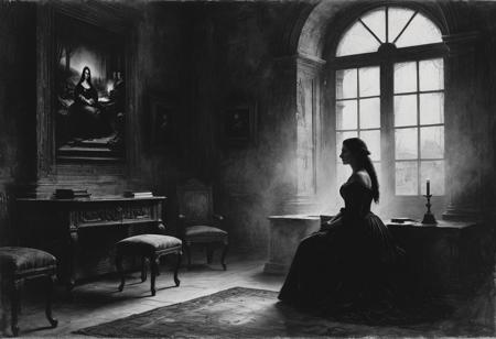 Charcoal Drawing, Crayons, Black Pencil Drawing, Pencil Drawing, Black and White Drawing, Graphite Drawing, Masterpiece, ((Masterpiece, Best Quality, High Quality, High Resolution, Ultra Detail)), (Best Quality, 8K, High Resolution, Exceptional Detail, outstanding composition: 1.4), art by Jeremy Mann, dramatic lighting, hard-painting aesthetic: 0.1), subdued digital painting of the Mona Lisa sitting in her castle and holding the audience. The room is dusty, rays of light cut through the darkness, creating a gloomy atmosphere. Mona Lisa watches the siege of the city from the window of her castle, her expression both powerful and contemplative. The room is detailed, has intricate Roman architecture and subtle hints of luxury and decadence. Capture the intrigue and drama of Ancient Rome in this exciting and detailed work of art