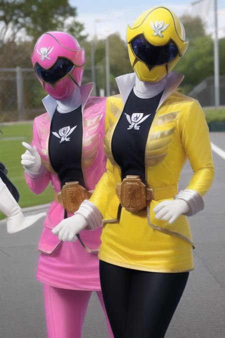 gokaipink, pink suit, black inner, short skirt, pantyhose, belt, gloves, (helmet), (mask), large breast,  gokaiyellow, yellow suit, black inner, short skirt, pantyhose, belt, gloves, (helmet), (mask), large breast,