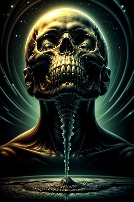 A close-up photorealistic image of a crystal-like floating skull facing dynamic view with its mouth open, pouring from it's mouth a shimmering liquid resembling the universe onto the ground, filled with rich stars and swirling galaxies. A simple void background enhances the dark atmosphere, shrouded in fog, capturing the hypnotic flow and shimmer of the cosmic liquid, from below,