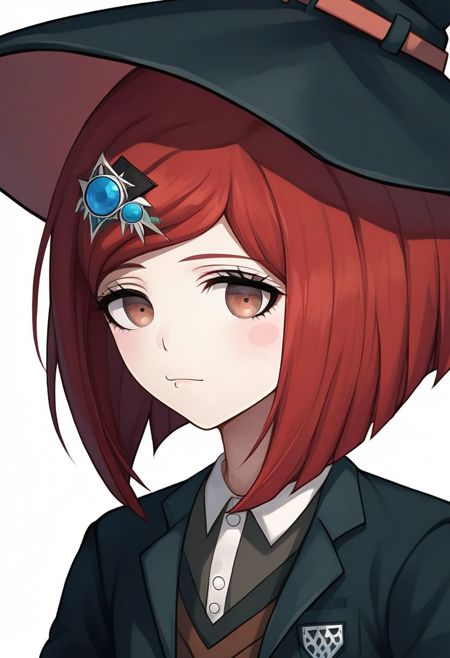 Himiko Yumeno, red hair, hair ornament, short hair, brown eyes, blush stickers, witch hat, jacket, vest, shirt, pleated skirt, pantyhose, boots