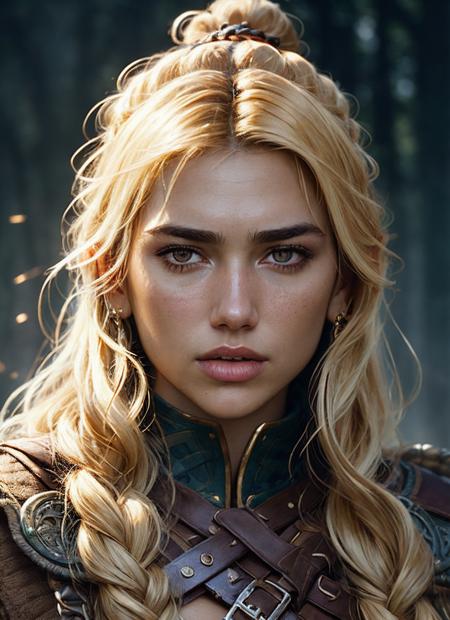 A stunning intricate full color portrait of (sks woman:1) as (viking warrior), (barbarian),  epic character composition, by ilya kuvshinov, alessio albi, nina masic, sharp focus, natural lighting, subsurface scattering, f2, 35mm, film grain, <lora:locon_dualipa_v1_from_v1_64_32:1>