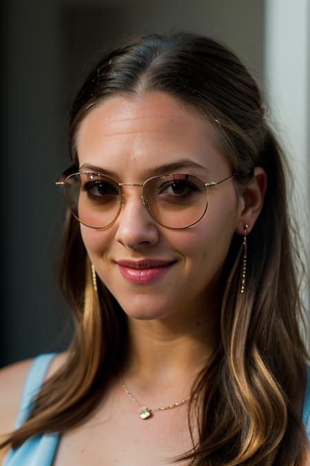 Realistic photo of a beautiful 4m4nd4s-v2 woman, 1girl, solo, long hair, breasts, smile, blonde hair, cleavage, bare shoulders, jewelry, medium breasts, upper body, earrings, glasses, lips, looking to the side, sunglasses, messy hair, eyewear on head, realistic, nose, soft lighting, professional Photography, Photorealistic, detailed, RAW, analog, sharp focus, 8k, HD, DSLR, high quality, Fujifilm XT3, film grain, award winning, masterpiece<lora:4m4nd4s-v2:1.0>