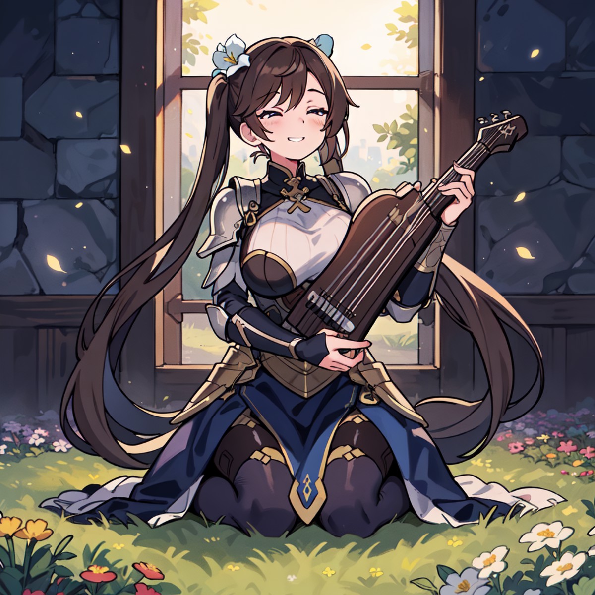 1girl, solo, full body, flower field, flowers, indoors, dark, holding instrument, brown hair, very long hair, twintails, i...