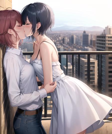 (detailed), two tomboys on a balcony, cityscape, short hair, small breasts, dress shirt, dress, jeans, (kissing:1.2), closed eyes, solo, best quality, best anatomy