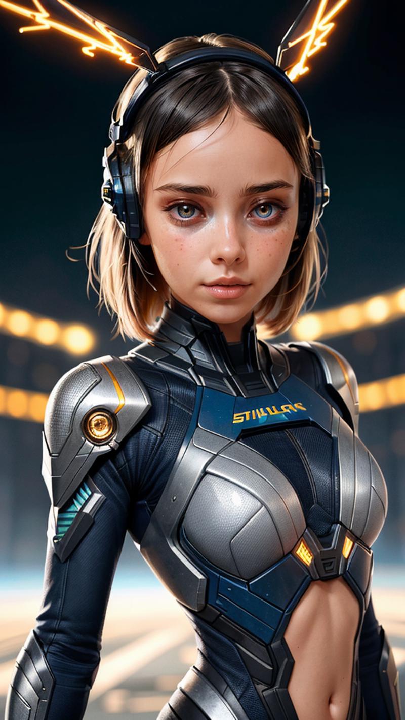 A 3D rendered female character wearing a silver and blue jumpsuit with headphones.