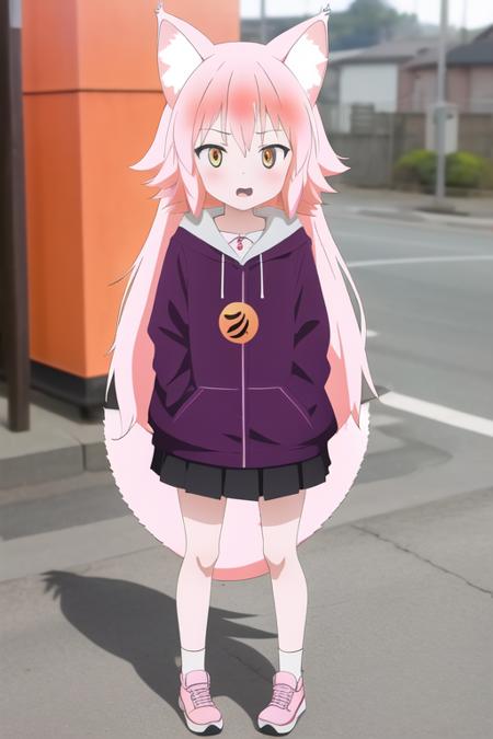 1girl, serafuku, street background, little girl, animal ears, wolf ears, wolf tail, full body, murenase, pink hair, orange eyes