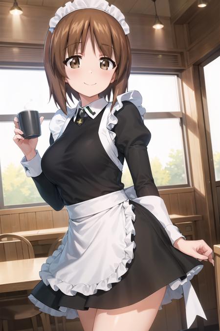 1girl, solo, girls und panzer, nishizumi miho,  brown eyes, brown hair, short hair, (maid uniform:1.4),closed mouth,happy,indoors, cafe <lora:Nishizumi Miho:0.6>