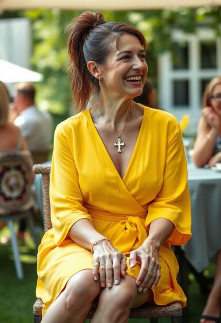 ziprealism, a photorealistic still of a beautiful middle aged woman, she has (caramel brown hair styled in a high ponytail, pale skin:1.2), she is wearing a (highly detailed sunshine yellow wrap dress, with a golden cross necklace nestled into her cleavage:1.5), she is sitting outside at a garden party, laughing and joking, her legs are crossed at the knee and her nails are perfectly manicured, (sharp focus, high detailed portrait), (bright detailed background:0.7)