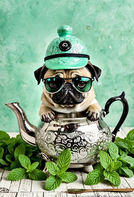 chibi pug with funky sunglasses, peeking out of a teapot \(berrad\), wearing the teapot lid as a hat, nibbling mint leaves.
lazypos, highly detailed background, scattered mint leaves.