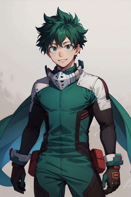 (masterpiece, best quality:1.2), <lora:mha_midoriya-10:1>, cowboy shot, solo, male focus, 1boy, midoriya izuku, smile, looking at viewer, short green hair, green eyes, green bodysuit, gloves