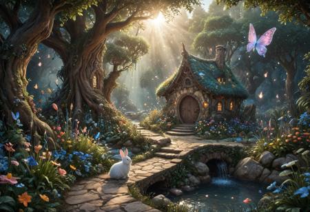 (Isekai anime style.Anime coloring.(0.9))In a whimsical world, a beautiful fairy garden blooms with vibrant flowers and sparkling fountains. A delicate, crystal bridge spans a gentle stream, leading to a majestic tree with leaves that shimmer like diamonds. A friendly, fluffy rabbit hops along the winding path, surrounded by fluttering butterflies and sweet, singing birds. The garden is filled with hidden treasures, like a tiny, glowing fairy door and a secret, shimmering cave. A soft, fluffy cloud drifts lazily across the sky, casting a warm, gentle shadow over the garden. The air is filled with the sweet scent of blooming flowers and the soft, soothing sound of gentle chimes. It's a peaceful, magical place where dreams come alive and wonder waits around every corner.master_class,master_piece,up_8,up_9,perfect beautiful,perfect beautiful early morning light.
