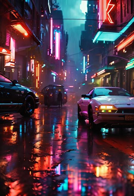 (ultra high res:1.4), (masterpiece), (beautiful lighting:1.4) ,ultra-detailed cyberpunk street scene, (neon reflections on wet pavement:1.3), holographic advertisements, floating vehicles, dense urban architecture, inspired by Blade Runner and Ghost in the Shell, art by John Harris and Syd Mead, volumetric lighting, night setting, steam rising, realistic crowd simulation, cinematic composition, lightning,  depth, GhostlyStyle