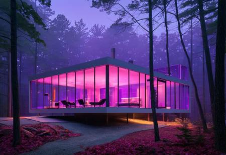 ultra modern glass house in the woods at night, foggy forest background, pink and purple color scheme, glowing lights inside home, sleek architecture, minimalism, by artist Bo Bartlett, american realism