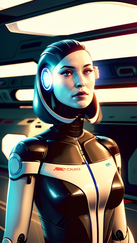 <lora:EdiMassEffect-10:0.7>, edimasseffect, android head, android skin, colored silver skin, android silver hair, robot joints, (upper body shot:1.4), neutral lighting, spaceship interior background,