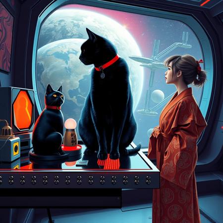 YFG-Asak Surreal Pop Art Style, a bright, whimsical scene of A sleek black cat with red collar sits on a cluttered metal riveted desk with transparent top and led lit computer components visible inside, On the desk are a maneki neko statue and a lava lamp, the Black cat is looking out of a seamless and futuristic floor to ceiling window that looks out at a planet from low orbit, (((a beautiful woman, 24 years old, is standing next to the desk looking out the window, the woman is dressed in an ornate Japanese style bath robe. An enormous deco-cyberpunk starship with futuristic lighting and an enormous space station are visible in the background among the stars, The woman's hair is messy from just waking up and tied up with a ribbon. Artistic cyberpunk, dynamic perspective, (((overall architectural aesthetic is Art Deco Cyberpunk))).  Epic image that elicits a feeling of wonder and awe,  all set against a striking, abstract background with bold, geometric patterns.