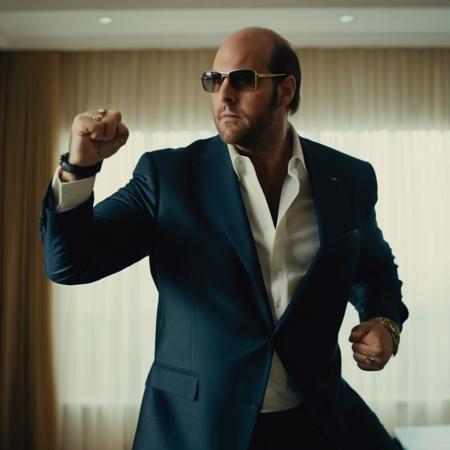 cinematic film still of  <lora:Les Grossman:1.2>
Les Grossman a man in a suit and tie doing a karate fist pose, shallow depth of field, vignette, highly detailed, high budget, bokeh, cinemascope, moody, epic, gorgeous, film grain, grainy