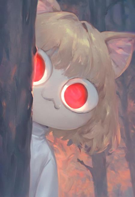 score_9, score_8_up, score_7_up, solo, peeking out, upper body, hiding behind tree, night, horror \(theme\), forest, necoarc, glowing eyes, cat ears, blonde hair, red eyes, chibi, :3, white shirt, turtleneck,  looking at viewer, (cute:1.2)