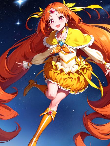 masterpiece, best quality, looking_at_viewer, depth_of_field, full body, flying, 
1girl, <lora:locon_cure_muse_01_release:0.9>, cure muse, orange hair, hair ribbon, yellow choker, jewelry, brooch, capelet, tiara, boots,
smile, standing, gradient background,