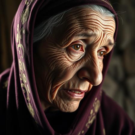 Close up shot, from the side, DSLR photo, chiaroscuro lighting dramatic lighting, realistic shading, old Arab woman, age 82, frail, gaunt thin face, hollow cheeks, loose skin, wearing a gold embroidered burgundy hijab, (head bent down:1.2), (looking up at the viewer out of the corner of one eye:1.4), crying,  proud, (tears on her cheek:1.2), eye contact, extremely detailed skin, age spots on skin, skin wrinkles, skin pores, skin mole, extremely detailed hair, grey sparse hair, vellus, intelligent eyes,  extremely detailed brown eyes, intelligent expression, a knowing look, sad, heartbroken over a loss.  Extremely realistic and detailed teeth that have yellowed with age. extremely detailed.  Detailed background, detailed cottage