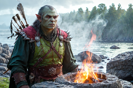 bioluminescent, an orc brewer with green skin, wearing a leather apron, brewing ale in a barrel, solo, from the Ravenshield Clan, with raven feathers on armor and shield symbols, an orc arena with a dirt pit, wooden stands, cheering orcs, detailed background, honing a blade, using a sharpening stone, proud, chest puffed out, portrait focus, close-up shot, a shamanic ritual with orcs chanting, bonfire blazing, bones scattered, a longbow, nearby, on a riverbank, wet stones, overcast, gray clouds, dim light, cool air, morning, soft sunlight, dew on grass, fresh air, best quality, vibrant colors, realistic style, high detail, high-definition, hyper-realistic, extremely high-resolution details, fine texture, incredibly lifelike, realistic, not cartoon, not drawing, highres, 4K resolution, source photo, realistic photo, masterpiece, best quality, amazing quality, very aesthetic, ultra-detailed, detailed textures, natural lighting, soft light, battleworn tones, muted reds, grays, blacks, misty light, diffused soft glow, wide shot, <lora:Mystic_Lumina_r1-000007:0.9>