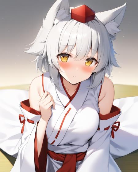 masterpiece,best quality,<lora:dongfangv1-000008:1>,momiji_touhou, inubashiri_momiji_touhou, solo, 1girl, detached_sleeves, blush, yellow_eyes, looking_at_viewer, bare_shoulders