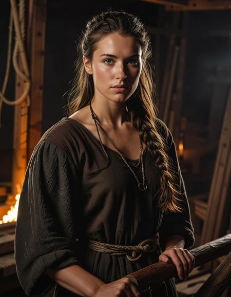 RAW full body image of a gorgeous 25 years old Gorgeous Viking Woman Brunette, loose hair, <lora:NordicByNature:0.8>,Shipbuilder of the Fjords, A determined Viking woman working on the wooden frame of a longship, her face smudged with ash as she shapes the mighty vessel.,low light, soft natural light, Rembrandt style light, Hasselblad DLSR camera, 200mm Zeiss lens, f/2.8 clear focus, high resolution image, (soft naural light), (rembrandt light), (soft shadows) ,Sexy pose, erotic pose, exhibitionism,
