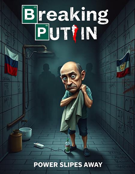 A TV show poster for a parody series titled "Breaking Putin," blending the intense, gritty vibe of Breaking Bad with a darkly humorous take on Vladimir Putin in a vulnerable situation. The poster features a caricatured version of Putin, looking unusually frail and terrified, standing in a grimy prison shower. Heâs hunched over, clutching a thin towel tightly around himself, his eyes wide with fear as he glances nervously over his shoulder.
The shower walls are lined with rusty pipes and cracked tiles, and the entire setting exudes an atmosphere of danger and dread. The dim, flickering light casts deep shadows, enhancing the ominous mood. Russian flags are subtly graffitied on the walls, alongside crude drawings and threatening messages scrawled in Cyrillic, adding to the sense of menace. A bottle of soap lies conspicuously on the floor, hinting at the classic prison trope.
Behind him, shadowy figures loom, their forms distorted by the steam, suggesting the presence of other inmates. The figures are barely visible, adding to the tension, but their presence is unmistakable, creating a palpable sense of threat. Putinâs expression is one of absolute terror, a stark contrast to his usual portrayal, adding a layer of dark humor to the scene.
The title "Breaking Putin" is displayed in bold, cracked text at the top, with "Breaking" in the familiar gritty, distressed font, while "Putin" is written in a font resembling dripping water, reflecting the shower setting. The tagline beneath reads, "Power Slips Away," adding to the satirical and darkly humorous tone.
The overall color scheme of the poster is a mix of cold, muted grays and blues, with the red and blue of the Russian flag standing out sharply against the bleak backdrop, blending the intense drama of Breaking Bad with a shockingly vulnerable and satirical portrayal of "Breaking Putin."