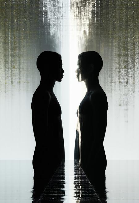 A figure stands face to face with their mirrored self, not a reflection but another being—same form, different aura. One radiates shadow, the other light. The world around them splits into two realms—one crumbling, one blooming. A surreal confrontation of self. ((Neo-Gnostic Realism))
<lora:FLUX-daubrez-DB4RZ-v2:0.55> <lora:Sinfully_Stylish_.02_for_FLUX:0.35> <lora:dystopia:0.6>