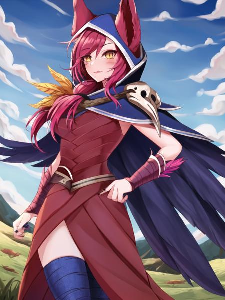 grass, sky, field, xayah, league of legends, 1girl, animal ears, bandaged leg, thighhighs, bandages, belt, bird legs, bird skull, cloak, closed mouth, ears through headwear, eyes visible through hair, facial mark, feathers, hood, hood up, hooded cloak, long hair, yellow eyes, red hair, talons, vambraces, blue capelet, cape, capelet, hair over shoulder, hooded capelet, red dress, dress, nose ring, nose piercing <lora:xayah-000036:1>