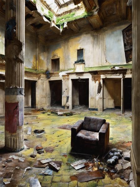 a room with a couch and a bunch of debris on the floor and walls and a ceiling with a painting, Andrea Pozzo, decay, a flemish Baroque, neoclassicism <lora:Abandoned:1>