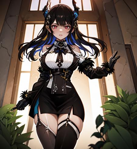 <lora:nerissa_ravencroft_v3-000008:1> (nerissa ravencroft)
(1girl, solo:1.3)
standing, cowboy shot
(asymmetrical horns), horns, demon horns, red eyes, slit pupils, [mole under eye]
black hair, blue hair, two-tone hair, long hair, hair ornament
large breasts, skindentation, thick thighs
thick thighs, looking at viewer
black ribbon
bare shoulders, fur-trimmed sleeves, fur trim, collared shirt, (white shirt), gloves, (vertical striped shirt)
(miniskirt, black skirt:1.3), belt, multiple belts
(asymmetrical legwear:1.25), (thigh boots), (single) thighhigh, black thighhighs, (single leg pantyhose:1.2)
indoors, (cafe), window, sunset