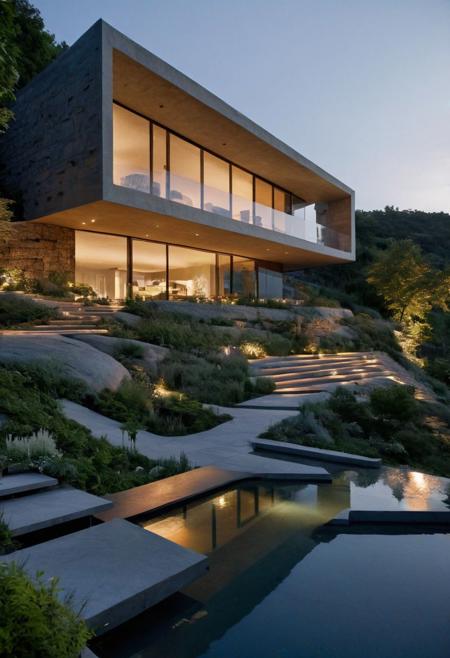 Visualize a cinematic hyper-realistic scene at dusk of an architecturally innovative house on a cliff with a cascading waterfall, wrapping around the statue of David, now animated with the presence of people. The structure, inspired by parametric and organic architecture, incorporates the statue as a central element. People are seen interacting with the space, some admiring the statue, others walking along the stone paths, and a few relaxing in the lush garden areas. The house's design features biomorphic shapes and smooth, flowing lines, integrating seamlessly with the natural landscape. Large glass surfaces reflect the changing colors of the sky, enhancing the connection with the outdoors. The interior, visible through the glass, showcases organic design with furniture that complements the architectural fluidity. Outdoor lighting highlights the statue, architectural features, and the visitors, casting soft shadows and creating a vibrant, living atmosphere under the enchanting dusk light. This dynamic scene captures the essence of a living space in perfect harmony with its environment, bustling with life and interaction.
