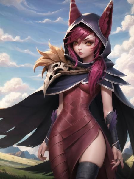 grass, sky, field, xayah, league of legends, 1girl, animal ears, bandaged leg, thighhighs, bandages, belt, bird legs, bird skull, cloak, closed mouth, ears through headwear, eyes visible through hair, facial mark, feathers, hood, hood up, hooded cloak, long hair, yellow eyes, red hair, talons, vambraces, blue capelet, cape, capelet, hair over shoulder, hooded capelet, red dress, dress, nose ring, nose piercing <lora:xayah-000036:1>