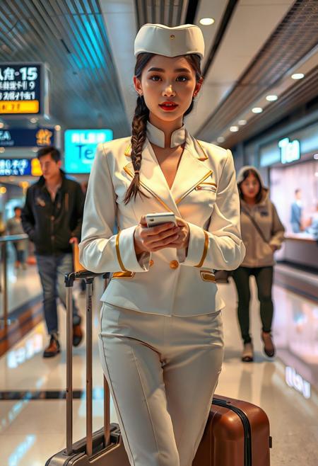 DSLR-style, glamorous, elegant 26-year-old Korean model, extremely pale skin with natural texture.  parted lips, ultra high-res  
<lora:NOOB_vp1_detailer_by_volnovik_v1:1>
barely visible pores, subtle skin texture variation, translucent skin tone, full body. 
A stylish individual, appearing to be a flight attendant due to their crisp white uniform featuring gold accents on the jacket cuffs and a matching peaked cap, stands in a modern, brightly lit indoor space, possibly a shopping mall or airport terminal. light-colored object in their hands, seemingly focused on it. A rolling suitcase stands beside them. The floor beneath them is a translucent material, revealing a lower level. In the background, several other people walk by, including a person in a dark jacket and jeans and another in a light-colored hooded jacket and pants. Signage with text and numbers is visible in the background, along with the illuminated sign of a tea shop. The overall atmosphere suggests a moment of pause in a busy public area. Capture the details of the uniform, the translucent floor, the various background figures, and the ambient lighting to create a realistic and engaging scene. Pay close attention to the textures of the clothing and the reflections on the floor.sexy female (asymmetrical braided hair), sexy face like she-ra, detailed face, perfect face, perfect eyes, thighs, pert ass, slender waist, tummy, crop top, very cute look on face, shy smile, alluring face, alluring gaze, cleavage