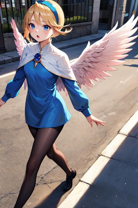 masterpiece, best quality, highres, ddnina, blonde hair, short hair, swept bangs, hairband, blue eyes, angel wings, white wings, white capelet, brooch, blue dress, long sleeves, black pantyhose, <lora:nina_bof4_v1:0.7>, walking, :o, street,