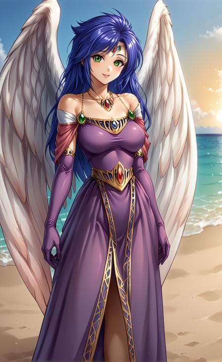 minabofii minabofii (wearing white_wings,feathered_wings on the back:1.2), (long_hair,blue_hair, bare_shoulders, green_eyes:1.2),  (purple_elbow_gloves,long gloves, long purple_dress),  jewelry,(tiara on forehead:1.2), necklace,