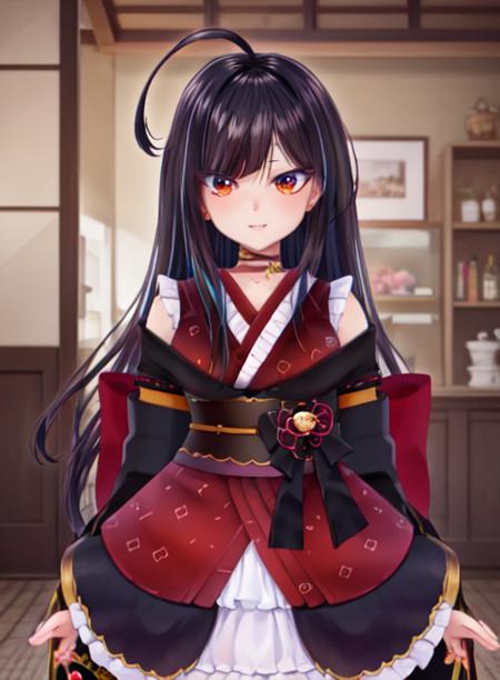 best quality, (masterpiece),(ultra-detailed), (high quality), (high resolution),     <lora:KotoriHikari-10:0.7>,kotorihikari, long hair, choker, kimono, japanese clothes, ahoge, multicolored hair, bangs