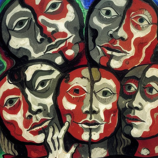sureal painting of a group of heads in hell <lora:last:1>