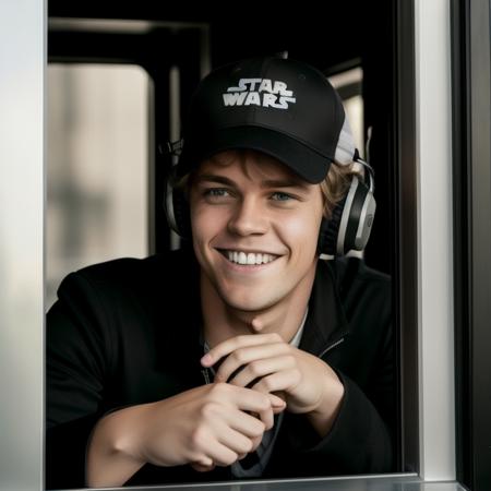 young adult Luke Skywalker, inside the drive-thru window, wearing a black suit, "Star Wars" text cap hat, headset, smiling,  high quality<lora:Drive-Thru Window Operator:0.67>