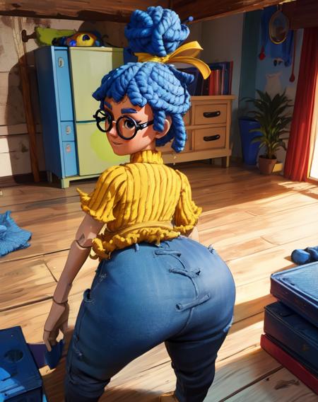 May,blue hair,dreadlocks,hair bun,black eyes,glasses,wooden joints, looking back,  light smile, 
standing,upper body,smiling,solo,from behind,tight,ass,
yellow shirt,blue pants with stiches,yellow hair ribbon,short sleeves,
large toy room,toy body size,
(insanely detailed, beautiful detailed face, masterpiece, best quality) solo, no humans, 
<lora:May-10v6:0.7>,