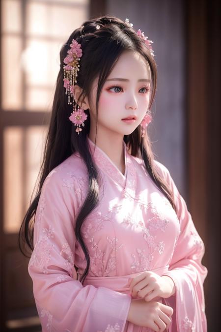 a beautiful girl in pink cotrang, masterpiece, best quality, realistic:1.3, sunlight, backlighting