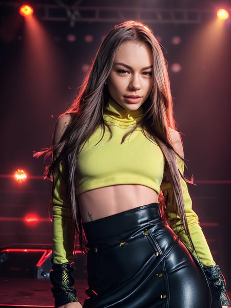 photo of extremely sexy (naoswa), a woman as a sexy singer, (portrait), long blonde hair, modelshoot style, professional (photography by Steve McCurry), (yellow long sleeve turtleneck dress:1.2), (long skirt:1.1), perfect waist, ((crowded arena)), (music concert), (singing on stage:1.2), ((looking at viewer:1.3)), (detailed pupils:1.3), (eyeliner), (painted lips),  <lora:epiNoiseoffset_v2:0.8> <lora:add_detail:0.9>