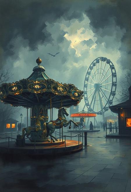 A dinkfsn style ink wash painting 
A scene of Liminal outdoor scene of deserted amusement park at night, no humans, Galloping Horse Carrousel rideon front ,Ferris wheel amd other rides can be seen in background, soft luminous realism, dramatic atmosphere, glowing rich textures, rich oil-paint detailing, contrast between light and shadow, misty and romantic environment, gentle emotional expression, stormy epic cloudy skies.
Rich colors, color palette of green, gray, mahogany and violet. Highlights of orange light in the windows and streetlights.