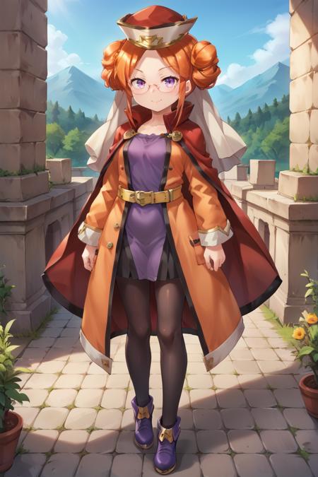 eudef, 1girl, purple eyes, orange hair, double bun, doughnut hair bun, (pince-nez glasses), red cape, hat, veil, black leggings, orange coat, shirt under coat, purple shirt, yellow belt, purple shoes,