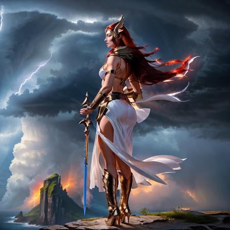 photorealistic digital painting of a young woman standing near the edge of a cliff overlooking the ocean during a violent storm, thunderstorm, tsunami, 1girl, full body, Elementalist, sorceress, soft focus lens, focus blur, view from 100 yards away, looking to the horizon, back profile, view from above, (nsfw:1.2), (sexy:1.2), long dark red hair, loose hairstyle, hourglass figure, pale skin, white leather slit-leg dress, medium natural breasts, bare stomach, (winged valkyrie helmet:1.1), (gold winged shoulder armor), white flowing cape, (magical blue greatsword:1.1), (high heel strap shoes:1.1), deity, magical, enchanting:1.1), fantasy art, navy blue color theme, [blue sapphire], [unlimited power], (lust:1.1), (desire:1.1), [fantasy art], hurricane and lightning background, cinematic lighting striking ground, a (massive 120-floor spiraling tower: stands ominously atop a mountainous plateau in the background, dragons fly in circles atop the tower, <lora:Raid_Arbiter:1>, <lora:picxer_real:1>
