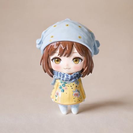 <lora:vallavica_animals:1.2>, vallavica_animals, porcelain animal, ceramic figurine, chibi, cute,  1girl, blue scarf, blush, brown hair, closed mouth, eyebrows visible through hair, hat, highres, looking at viewer, scarf, short hair, sketch, smile, solo, upper body, white hat, yellow eyes, yi zhi bai bo