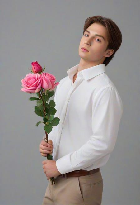 solo, looking at viewer, brown hair, shirt, long sleeves, 1boy, holding, white shirt, upper body, flower, male focus, grey background, from side, lips, rose, pink flower, bouquet, realistic, pink rose, holding bouquet