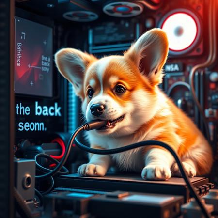 semirealistic, a cute corgi puppy with an unplugged computer cord in its mouth, inside a computer motherboard. THE message "be back soon" written in computer chips, detailed mirroring horizon, wining award digital art, hight detailed,Insane resolution. Insane details. Masterpiece. 32k resolution. casting shadow style, cucoloris patterned illumination, cinematic composition and lighting. Masterpiece. Very detailed.